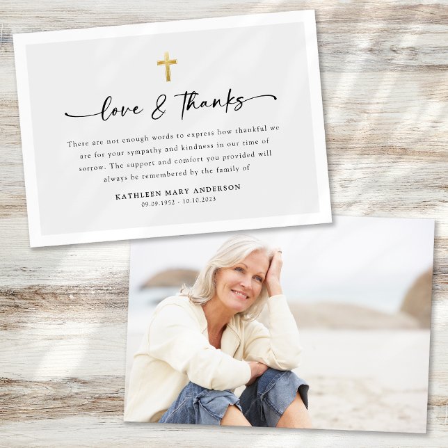 Simple Script Cross Photo Funeral Thank You Card (Creator Uploaded)