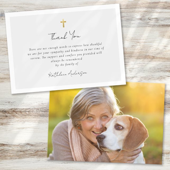 Simple Script Cross Sympathy Funeral Photo Thank You Card (Creator Uploaded)