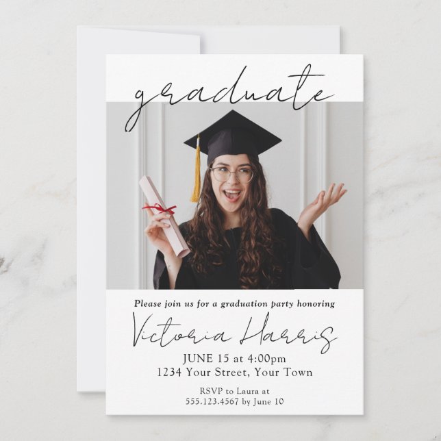 Simple Script Custom Photo Fun Elegant Graduation Invitation (Front)