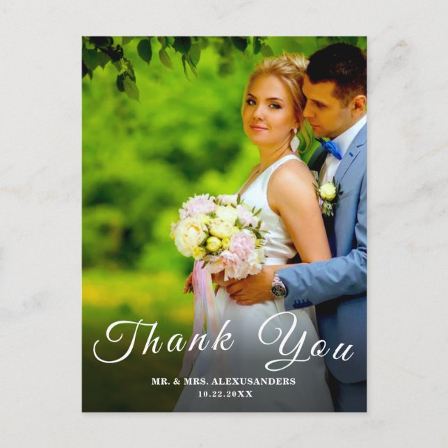 Simple Script Custom Photo White Wedding Thank U Postcard (Front)
