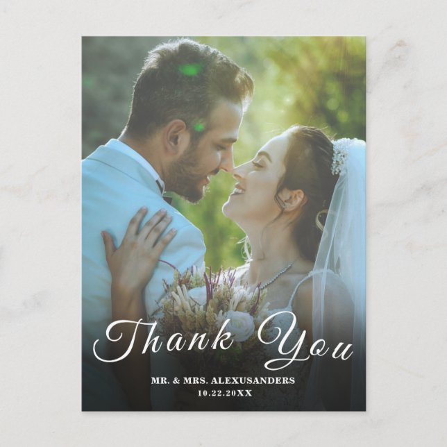 Simple Script Custom Photo White Wedding Thank U  Postcard (Front)