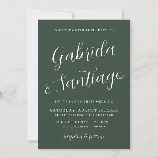 Simple Script Dark Green and White Wedding Invitation (Front)
