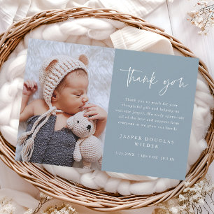 Simple Script Dusty Blue Boys Baby Photo Thank You Card