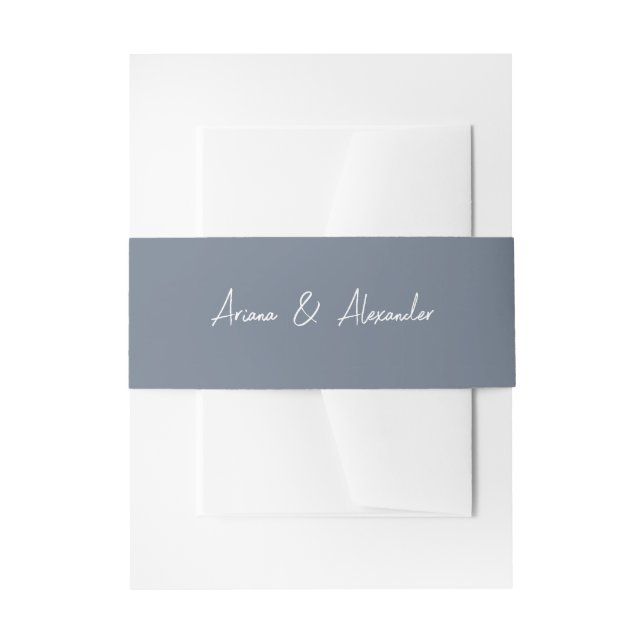 Simple Script Dusty Blue Wedding Invitation Belly Band (Front Example)