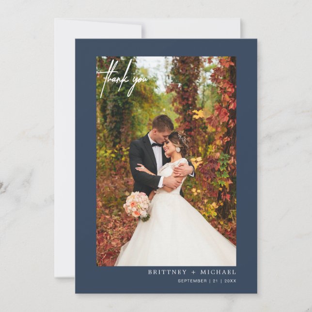 Simple Script Dusty Navy Modern Photo Thank You (Front)