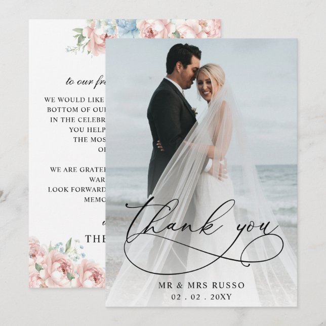 Simple Script Elegant Blush Floral Photo Wedding  Thank You Card (Front/Back)