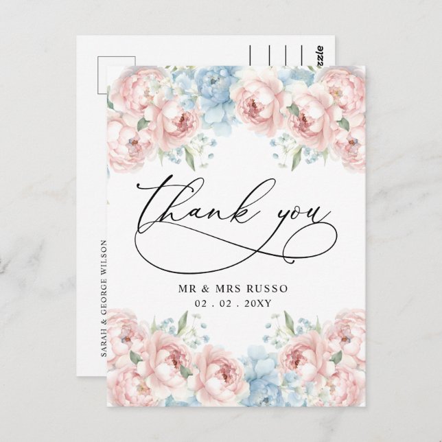 Simple Script Elegant Blush Floral Thank You Postcard (Front/Back)