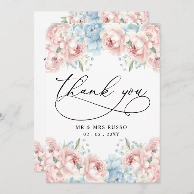 Simple Script Elegant Blush Floral Wedding  Thank You Card (Front/Back)