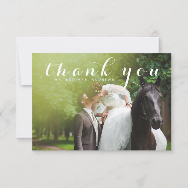 Simple Script Elegant Photo Wedding Thank You Card (Front)