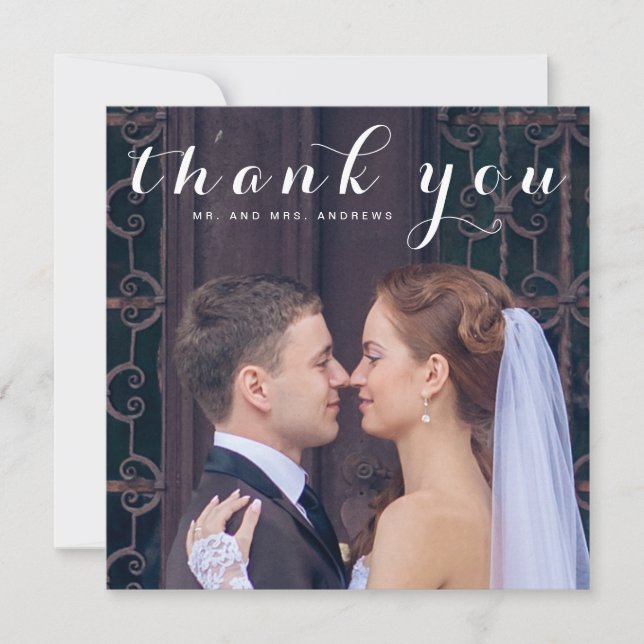 Simple Script Elegant Square Photo Wedding Thank You Card (Front)