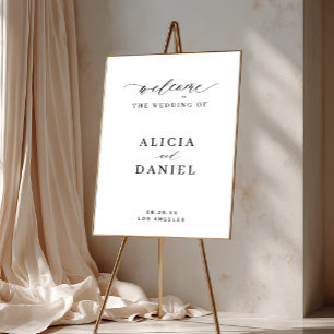Simple script elegant white wedding welcome sign