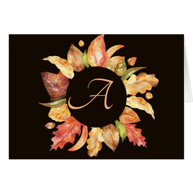 Simple Script Fall Wreath Monogram Note Cards (Front Horizontal)