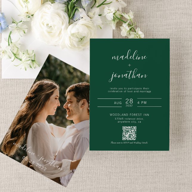 Simple Script Forest Green Photo QR Code Wedding  Invitation (Creator Uploaded)