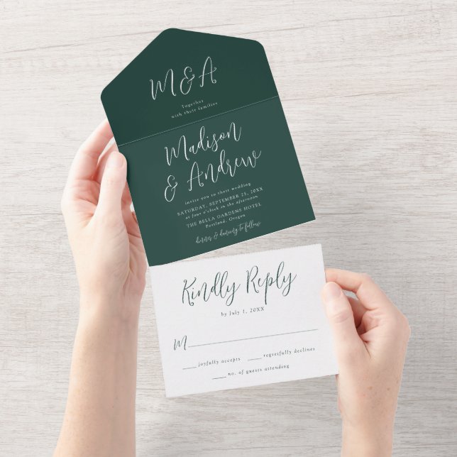 Simple Script Forest Green Wedding All In One Invitation (Tearaway)