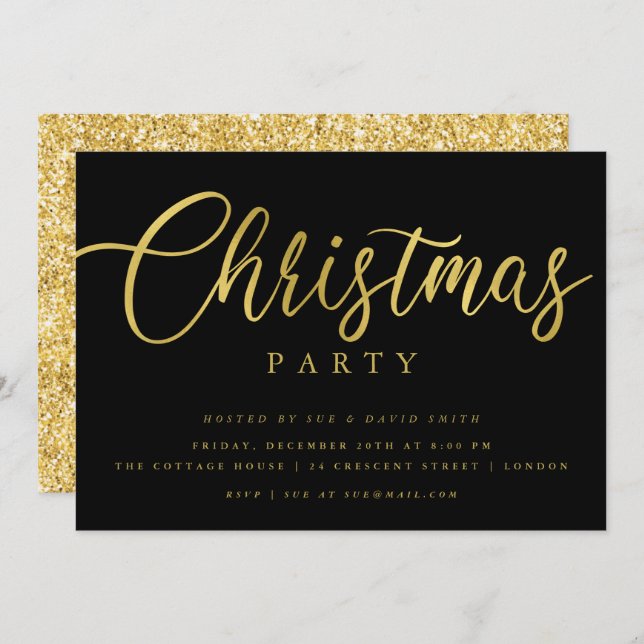 Simple Script Gold Black Minimal Christmas Party Invitation (Front/Back)