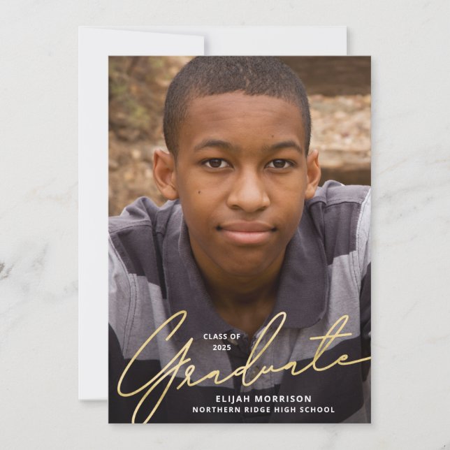 Simple Script Gold Overlay Photo Graduation Party Invitation (Front)