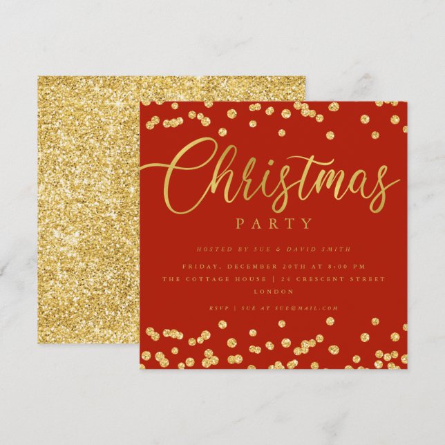 Simple Script Gold Red Confetti Christmas Party Invitation (Front/Back)