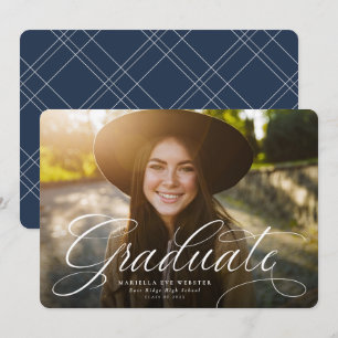 Simple script graduate horizontal navy graduation announcement