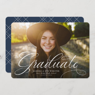 Simple script graduate horizontal navy graduation announcement