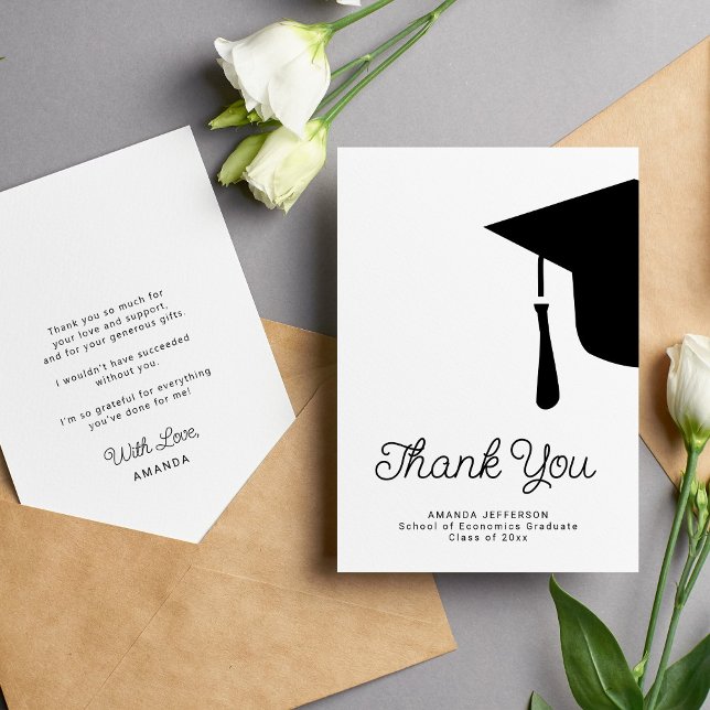Simple script graduation cap personalised thank you card (Creator Uploaded)