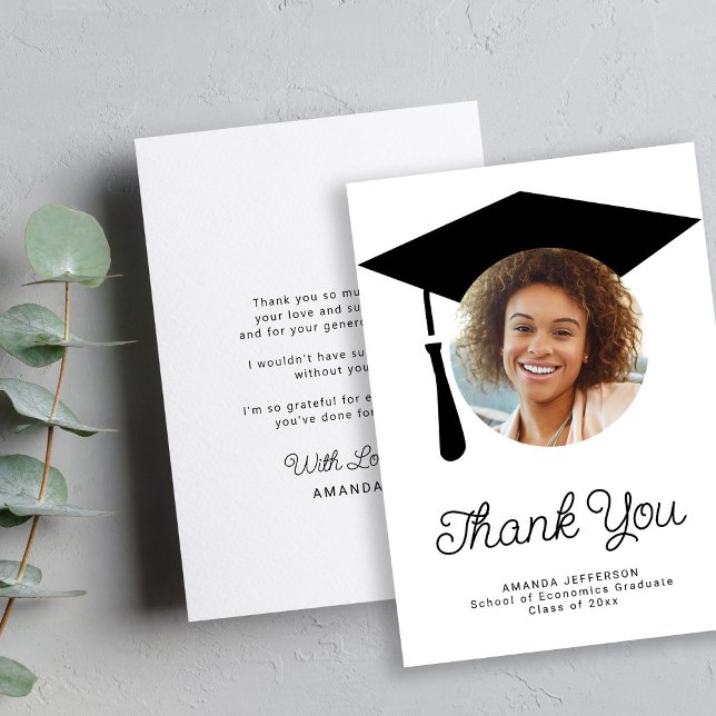 Simple script graduation cap PHOTO personalised Thank You Card (Creator Uploaded)