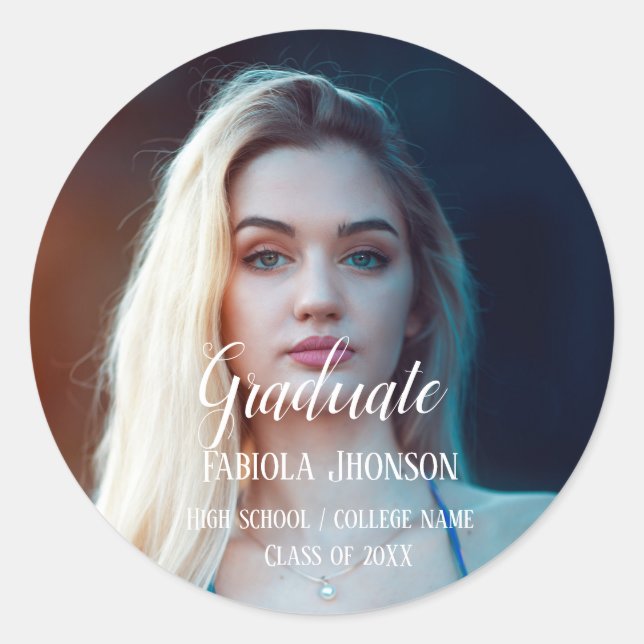 Simple script graduation photo  balloon classic round sticker (Front)
