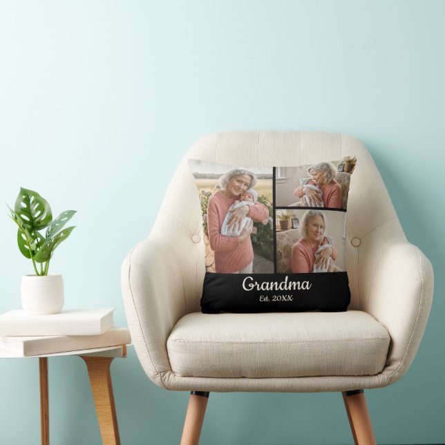 Simple Script Grandma Est. 3 Photo Year Black Cushion (Chair)