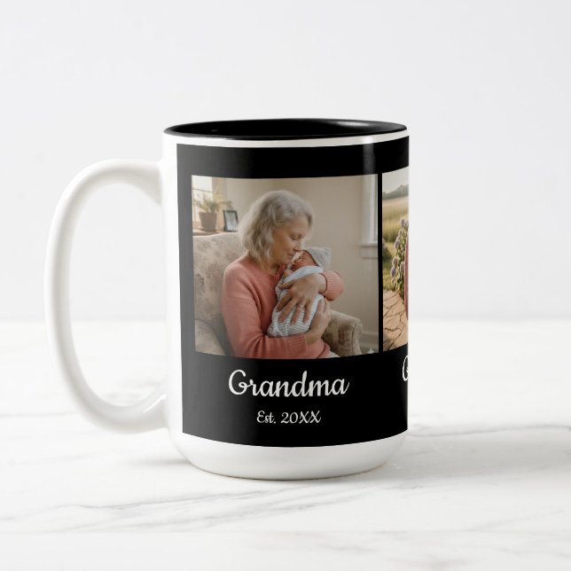 Simple Script Grandma Est. 3 Photo Year Two-Tone Coffee Mug (Left)