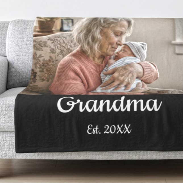 Simple Script Grandma Est.Photo Year Black Fleece Blanket (Creator Uploaded)