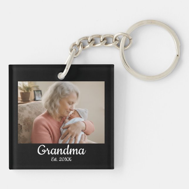 Simple Script Grandma Est.Photo Year Black Key Ring (Back)