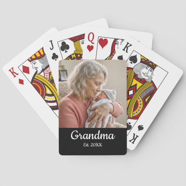 Simple Script Grandma Est.Photo Year Black Playing Cards (Back)