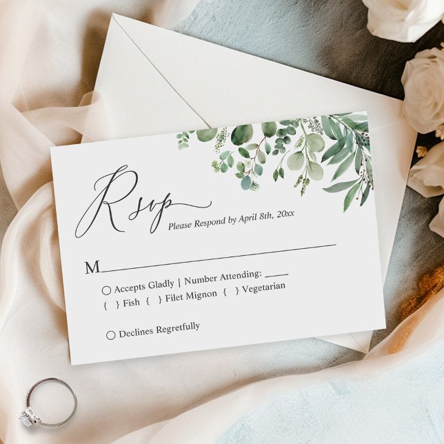 Simple Script Greenery Eucalyptus Foliage Wedding RSVP Card (Creator Uploaded)