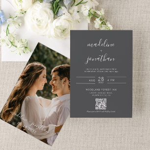 Simple Script Grey Photo QR Code Rsvp Wedding  Invitation
