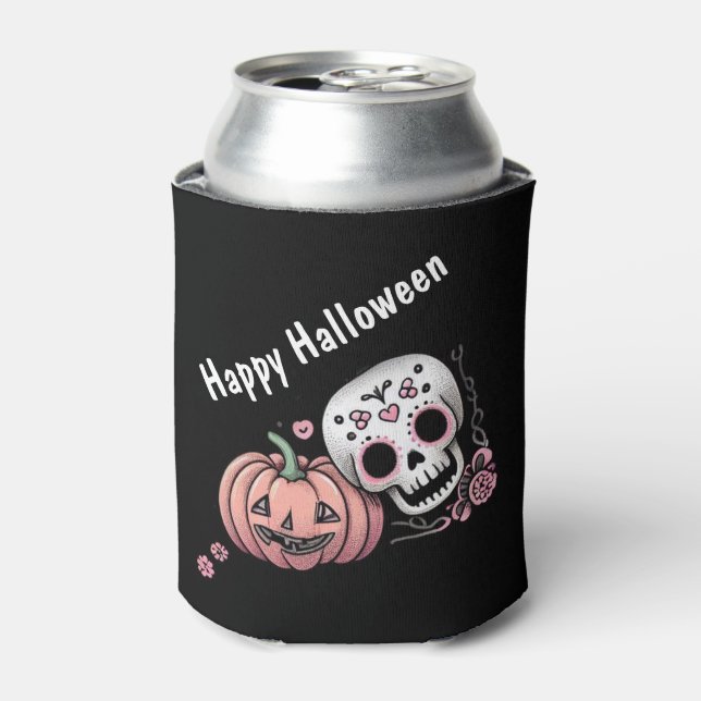 Simple Script Halloween Skull and Jack-O-Lantern Can Cooler (Can Front)