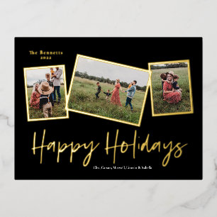 Simple Script Happy Holidays 3 Photo Collage Gold Foil Holiday Postcard