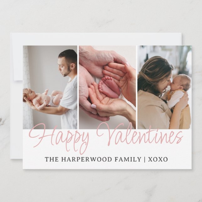 Simple Script Happy Valentines Multi Photo Newborn Holiday Card (Front)