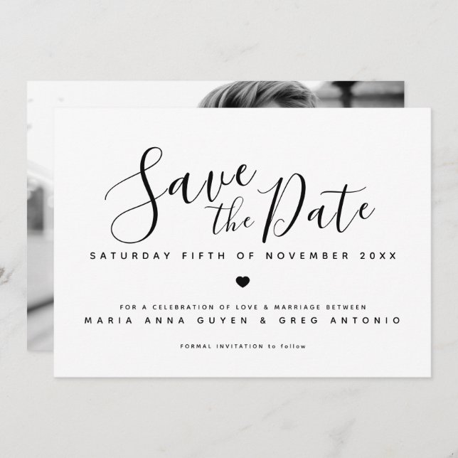 Simple script heart black on white photo wedding save the date (Front/Back)
