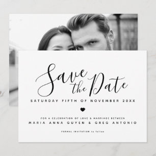 Simple script heart black on white photo wedding save the date