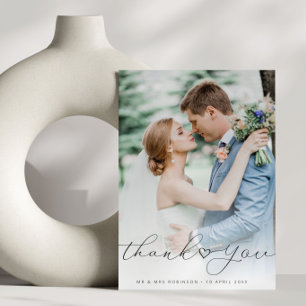 simple script heart wedding photo thank you card