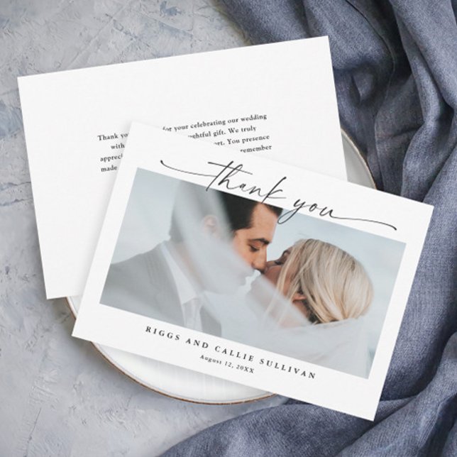 Simple Script Horizontal 1 Photo Wedding  Thank You Card (Elegant script black and white modern wedding photo thank you card.)