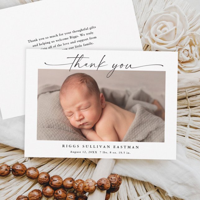 Simple Script Horizontal Photo Baby Thank You Card (Elegant black and white script calligraphy horizontal baby thank you card announcement.)