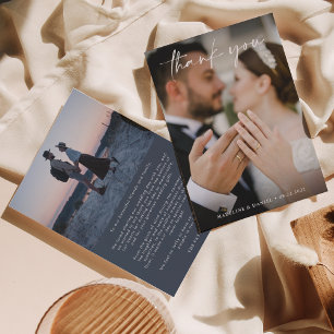 Simple Script Ivory Dark Blue with Photo Wedding Thank You Card