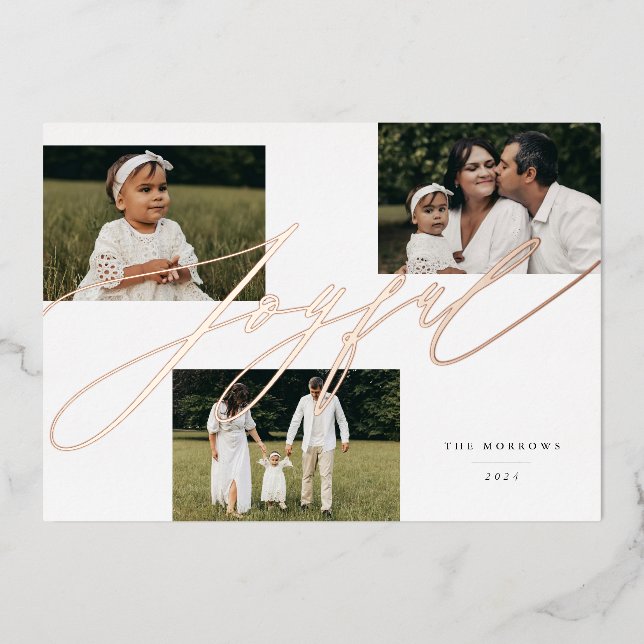 Simple Script Joyful Greeting 3 Photo Foil Holiday Card (Front)