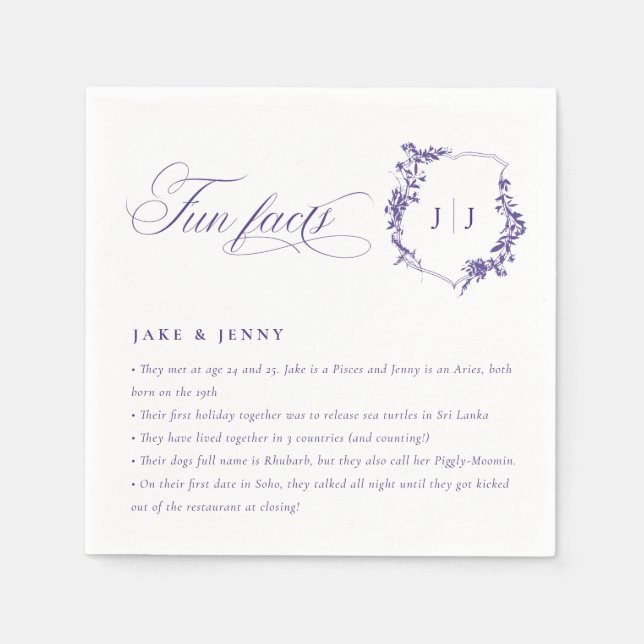 Simple Script Lilac Purple Wedding Logo Fun Facts Napkin (Front)