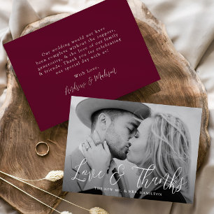 Simple Script Love and Thanks Burgundy Wedding Thank You Card