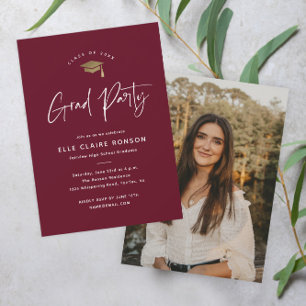 Simple Script Maroon Photo Graduation Party Invitation