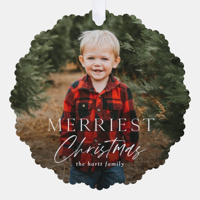 Simple Script Merriest Christmas Photo Holiday Tree Decoration Card (Front)