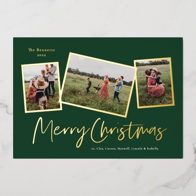 Simple Script Merry Christmas 3 Photo Collage Gold Foil Holiday Card (Front)