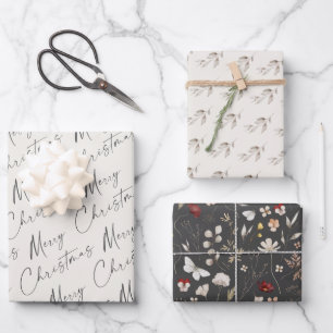 Simple Script Merry Christmas Boho Wildflower  Wrapping Paper Sheet