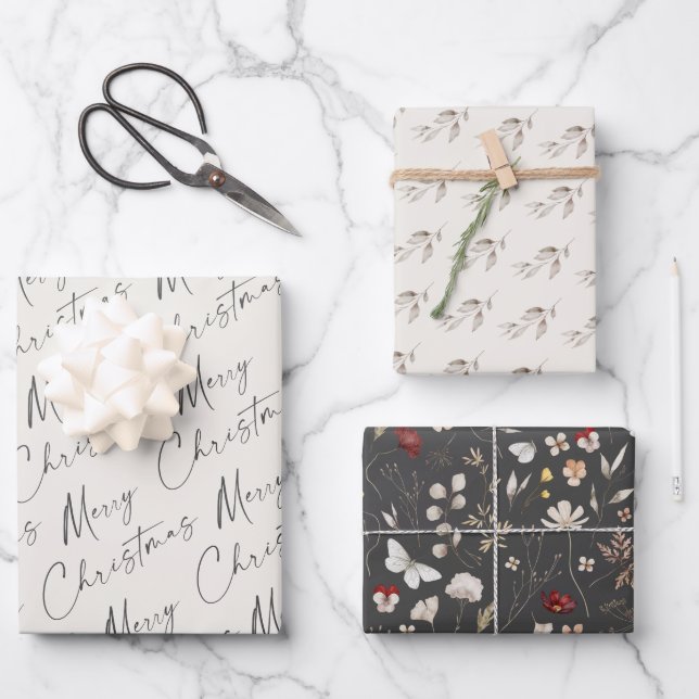 Simple Script Merry Christmas Boho Wildflower  Wrapping Paper Sheet (Front)